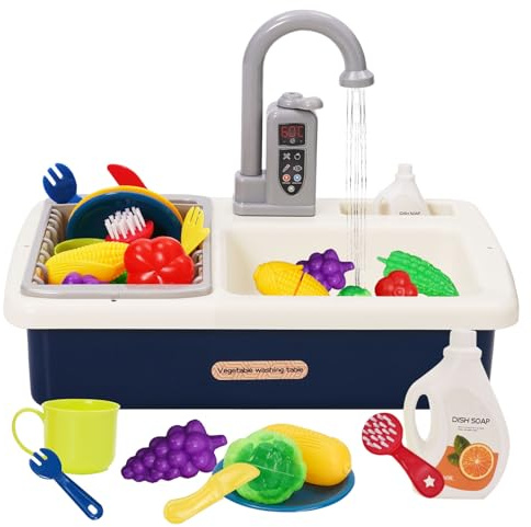 Fregadero de Juguete de Cocina, Cocina de Juguetes con Lavaplatos y Grifo de Agua, Cocinita Infantil, Accesorios Cocinita Juguetes, Juego de rol para Niños y Niñas de 3 Años(Azul)