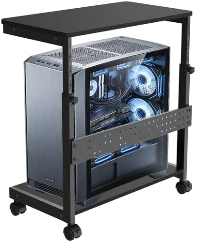 KIRJAUDU Höhenverstellbarer PC Ständer mit Rollen, Multifunktionaler PC Halterung Metall für PC Tower, Beistelltisch mit Bremsrollen, Doppelsäulen Stahlgestell, offen belüftet, Computertisch für Büro