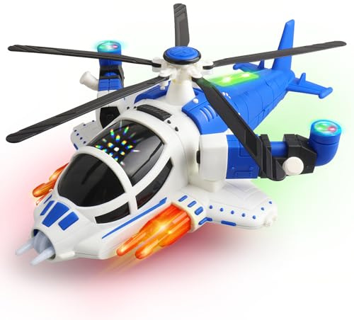 victob Helicopter Toy for Toddlers with Lights and Music, 360° Rotating Airplane Toy for Kids, Bump-and-Go Action, Birthday Gift for Boys Girls Ages 3-7, Blue