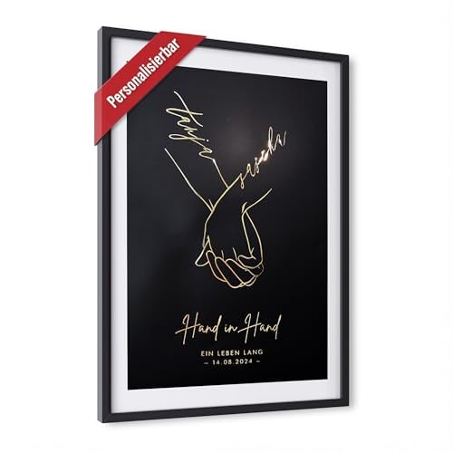 KIDDO Personalisiertes Hochzeitsgeschenk mit hochwertiger Veredelung – Hand in Hand Poster oder Leinwand – Namen & Datum individuell – Geschenk zur Hochzeit, Jahrestag oder Verlobung