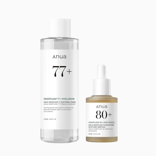 Anua Skin Relief Duo for Calming skin, Heartleaf 77 pH 5.5 Soothing Toner, Heartleaf 80 Calming Ampoule for sensitive skin, panthenol B5, hydrating, soothing effect, Vegan, Korean Skincare set