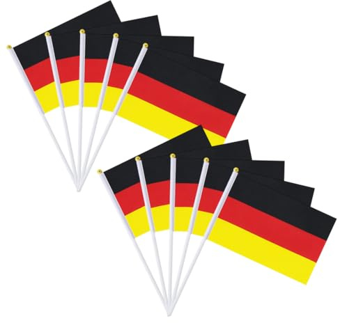 HQRKOTM 10 Stück Klein Deutschland Flagge, Deutschland Fanartikel, 14 × 21 CM Deutsche Mini Handgehaltene Flaggen mit Stab für Fußball EM Eurovision WM Haus Garten Bar Party Dekoration