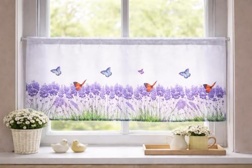 KAMACA Hochwertige Bistrogardine 50x120 cm – Farbenfrohe Schmetterlinge & Hyazinthen – Blickdichter, Fester Stoff für optimalen Sichtschutz – Transparente und Pflegeleichte Scheibengardine