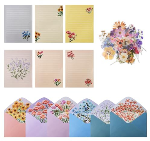JASFLY Briefpapier mit Umschlag, 24 Blatt Briefpapier mit Umschlag und 12 Briefumschlag, Briefpapier set mit 50 Stück Vintage Blumen Sticker für Herstellung von Einladung, Geschenk (6 Florale Stile)