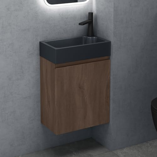 doporro Badmöbel-Set 46x26x63cm Eiche Stirling, Mineralguss-Waschbecken | Wandhängendes Badmöbel-Set mit Mineralguss-Waschbecken, Soft-Close – platzsparend & pflegeleicht für Gäste-WC Pisa02