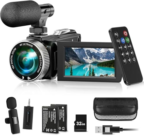 YOTOMIGUO 4K Video Camera Camcorder Mini Mic 48MP 60FPS UHD Vlogging Cameras for YouTube 18X Digital Zoom 3.0''IPS Screen Camera with 32GB Card, Wireless Lavalier Microphone, Remote, 2 Batteries