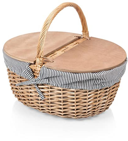PICNIC TIME - Country Vintage Picknickkorb mit Deckel - Weidenkorb für 2 Personen, Marineblau/Weiß gestreift