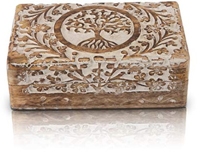 Great Birthday Gifts Handmade Decorative Wooden Jewelry Keepsake Box Tree Of Life Carving Jewelry Organizer Treasure Chest Trinket Holder Watch Storage Lock Box Housewarming Gifts (White)