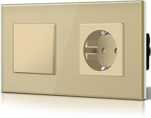 BSEED Interruptor Conmutador y Enchufe,Basculante Con Pilotitos LED,Marco de Cristal,Fácil Instalación,Fáciles de Limpiar,1 Gang 2 Vía Con Enchufe,157mm Oro