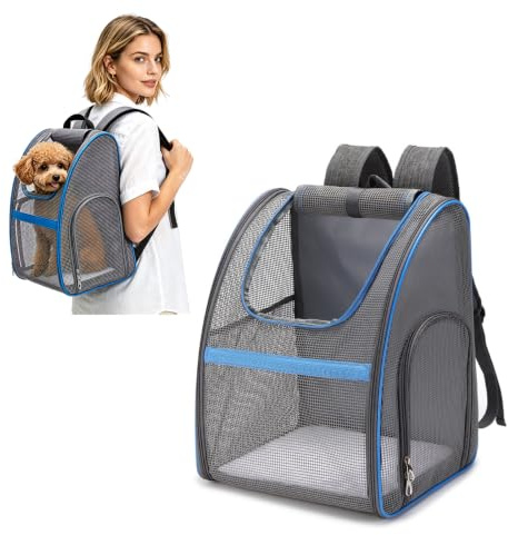 PETCUTE Hundetragetasche Kleine Hunde Atmungsaktiv Transportbox Katze Leicht Haustier Rucksäcke Outdoor Faltbarer Wanderrucksack mit Mesh Fenstertaschen Blau