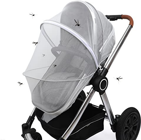 Universal Insektenschutz Moskitonetz Kinderwagen Reißfest & Waschbar Mückennetz Kinderwagen Moskitonetz mit Reißverschluss und Gummizug | Schutz vor Wespen und Stechmücken (Weiß)