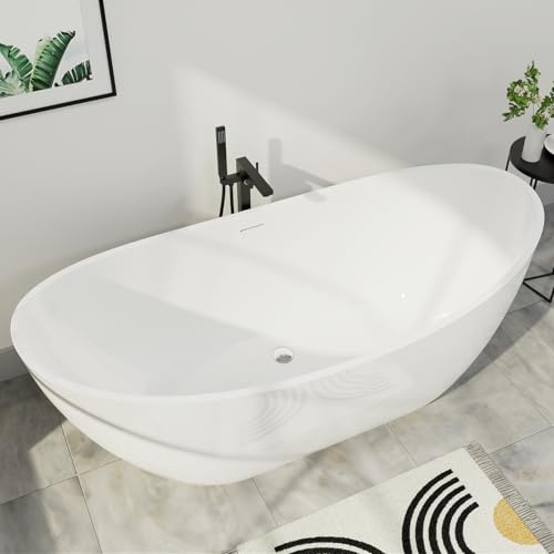 Mokleba 62 Lucite Acrylic Freestanding Bathtub, Double Slipper Shape Contemporary Soaking Tub with Toe-tap Chrome Drain, Slotted Overflow, cUPC Certified, Glossy White