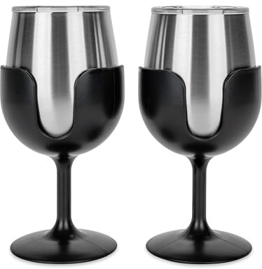 Camco Life is Better at The Campingplatz-Weingläser, Schwarz, mit (2) 237 ml, Edelstahlbecher mit abnehmbaren Stielen, perfekt für Camping, Tailgating und Partys (53485)