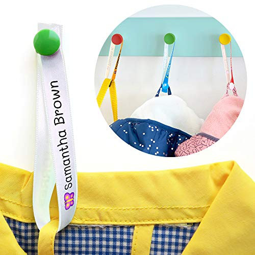 6 Cintas para Colgar Ropa sin Coser. Colgadores Personalizados con Nombre para Colgar Chaquetas y Batas de los niños en el Cole y guardería. Etiquetas de Tela con botón.