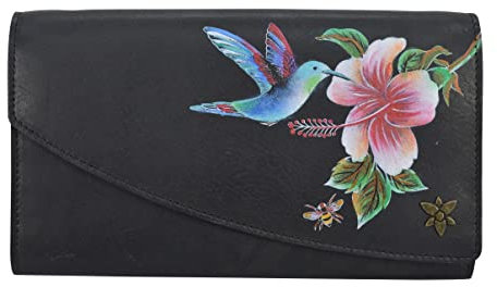 Anuschka Anna by Women's Asymetrische Geldbörse mit Überschlag aus echtem Leder | Handbemalte Handwerkskunst | Hummingbird Black