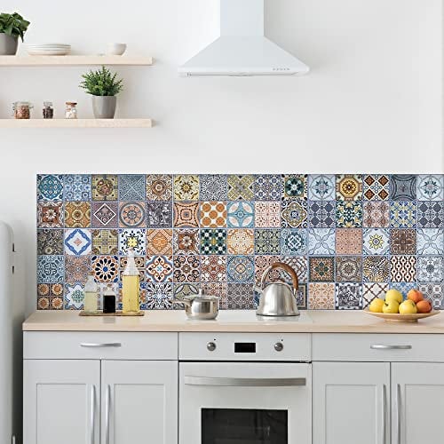Pannello paraschizzi Cucina Adesivo da Parete Azulejos di Siviglia 180_x_60_cm 100% Made in Italy con Inchiostro atossico, ignifugo e Resistente all'Acqua