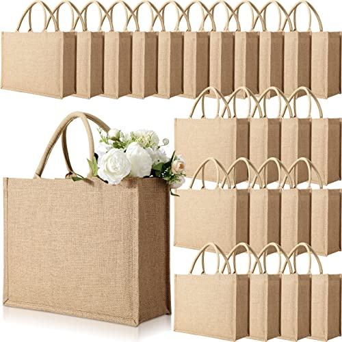 Reginary 24 Pack Burlap Jute Tote Bags Large Jute Tote with Handles Blank Burlap Gift Totes Reusable Grocery Shopping Bags for Beach Mother Teacher Bridesmaid Wedding DIY Decoration