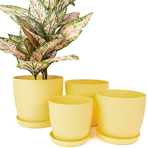 Home Garden Ornaments Yellow Plant Pots Indoor Set of 4 Sizes 14/16/18/20cm – Plant Pot with Mat Sufrace - Plastic Flower Pots Outside – Flower Pot with Trays – Plastic Plant Pot Saucers (Yellow)
