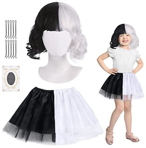 Fennoral 2tlg Cruella Kinder Kostüm Perücke mit Halb Schwarz Halb Weiß Rock Mädchen Cosplay für Karneval Halloween Party Rollenspiel