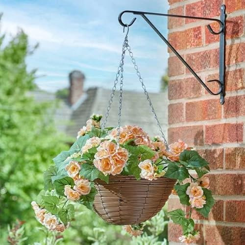 Garden Mile 12'' Artificial Flower Hanging Basket Garden Planter with Rattan Basket Fake Flowers Begonia Hanging Plant Pot Outdoor Decoration Large Wicker Basket with Fake Flowers