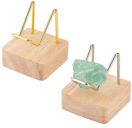 FINGERINSPIRE 2 Stück Holzsockel Stein Ausstellungsständer 5x5x6 cm Gold Silberfarbener Metallarm Ausstellungsständer Mineralien Proben Staffelei Halter Für Edelsteine Achate Steine Kristallkugeln