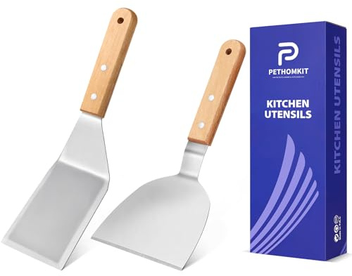 Metal Spatula Set,Fish Griddle Spatulas,Stainless Steel Spatula Turner with Wooden Handle,Small Wide Spatula Flipper for Cast Iron Skillet,Beveled Edges Spatula for Pancake,Egg,Burger,Omelet,2 Pack