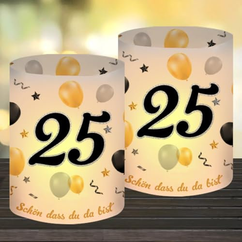 12 Windlicht Tischdeko 25 Geburtstag, Deko 25 Geburtstag Frau Mann, Happy Birthday Tischdeko 25. Geburtstag Frauen, Geeignet für Teelichter oder Kerzen mit Schön DASS Du Da Bist