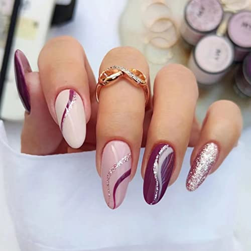 JUSTOTRY 24 Pcs Plum Red Press on Nails Medium Designs,Glossy False Nails Short Oval,Glitter Swirl French Almond Stick on Nails for Women and Teens,Fake Nail for Girls Nail Art