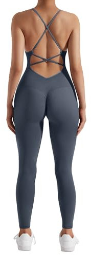 RXRXCOCO Spaghetti Strap Gerippte Jumpsuit Damen Eng Rückenfreie Padded Overall Bauchweg Yoga Sport Einteiler Romper Bodysuit #2 Blau S