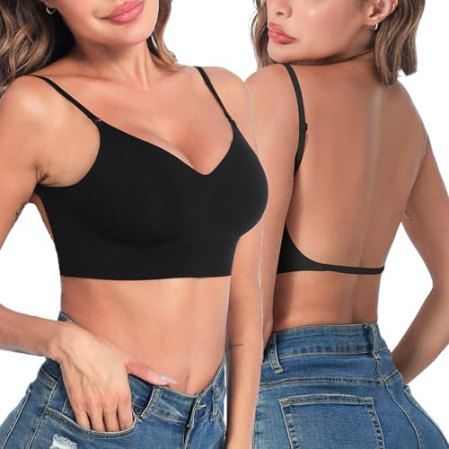 Crewhpo Rückenfrei BH Damen Ohne Bügel Rückenfreier Bralette mit V-Ausschnit Bustier Push Up Bra mit Niedrigem Rücken Invisible Unterwäsche mit Abnehmbaren Trägern S-XL