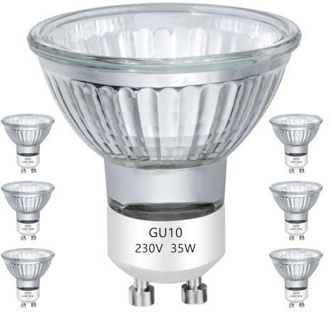 VINBE Bombillas Halógenas 50W GU10, Focos de 2 Agujas 38° Haz de Luz Ajustable, Para Pista, Campana Extractora, Cubierta de Vidrio, 2800K Blanco Cálido, 6 Piezas