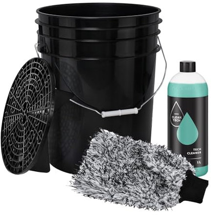 BenBow - Autowäsche Set: 20-Liter-Wascheimer mit Schmutzsieb + Waschhandschuh + 1L Autoshampoo-Konzentrat - Vorratsbehälter für Aufbewahrung aus Kunststoff mit Metall-Henkel - leer - zur Hause