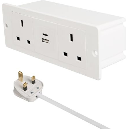 White 2AC+USB A+C Desk Power Strip with USB C PD20W, Recessed Power Extension Lead for Home Office