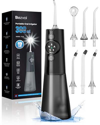Bezvoi Water Flosser for Teeth Cordless: Professional Oral Irrigator LED Display 5 Modes, 300ML Water Tank, IPX7 Waterproof Electric Tooth Cleaner, Water Floss with 6 Jet Tips for Home Travel, Black