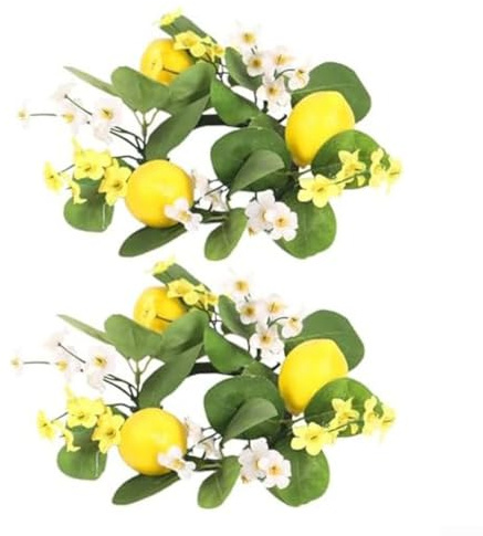 Künstliche Zitronen-Kerzenringe, Thanksgiving-Kerzen-Kranz, künstliche Blume, Kerzenhalter-Ring, geeignet für Hochzeiten, 2 Stück