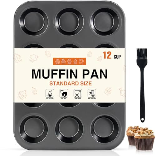 OAMCEG Muffinblech 12er – Backform aus Karbonstahl mit Antihaftbeschichtung & Silikonpinsel, langlebige & wiederverwendbare Muffinform in Dunkelgrau (35x27x3 cm) für Cupcakes, Muffins (1 Pack)