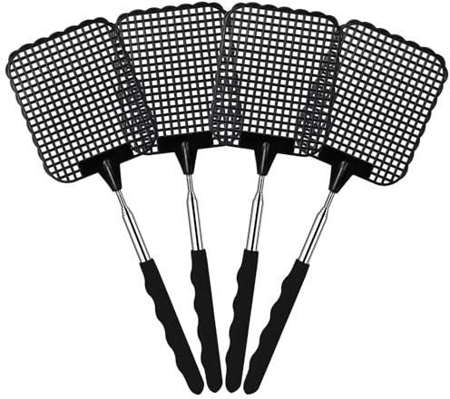 Soodyoow 4 Piezas de Negro Matamoscas, Matamoscas Extensible, Matamoscas de Plástico, Control Manual de Swat Ajustable para Controlar Moscas, Mosquitos, Avispas, Plagas