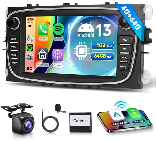 4G+64G Wireless Carplay Android 15 Autoradio für Ford Focus II mk2 Mondeo S-Max C-Max Galaxy Kuga 7 Zoll Autoradio mit Android Auto Navi GPS WiFi Mirror Link Bluetooth FM/RDS/32 EQ/SWC Rückfahrkamera
