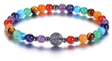 JSDDE 7 Chakra Armband mit Hämatit Lebensbaum Anhänger Heilstein Perlenarmband Glücksarmband Energietherapie Armband Spiritueller Talisman Glückbringer Schmuck für Damen Frauen