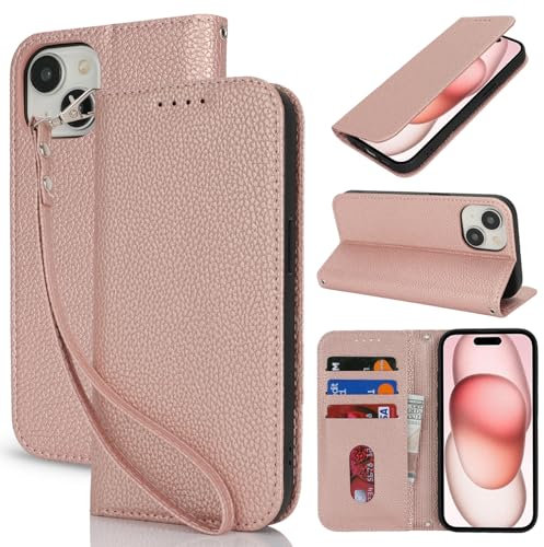 Lipvina Coque pour iPhone 15 en Cuir Portefeuille avec Porte Carte et Rabat Clapet - Etui Antichoc Magnétique pour Protection Complète de Votre iPhone 15,Rose d'or