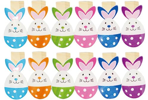 12 Stück Holzklammern mit Bunte Hasen zu Ostern, Osterhase Fotoclip, Mini Farbige Hölzerne, Bunte Osterhasen, für Fotos Fotowand Tüten Kinder Dekorieren Von Osternestern, Geschenken