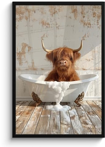 MuchoWow© Bilder mit Rahmen 60x90 cm Poster Wanddekoration Wohnzimmer Deko Modern Geschenke Bilderrahmen Schottischer Highlander - Badewanne - Vintage - Kuh