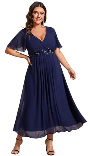Ever-Pretty Plus Size Women's Breathable Wedding Guest Dress Short Cap Sleeves with Delicate Applique Elegant Mother of The Bride Outfits Navy Blue 28UK