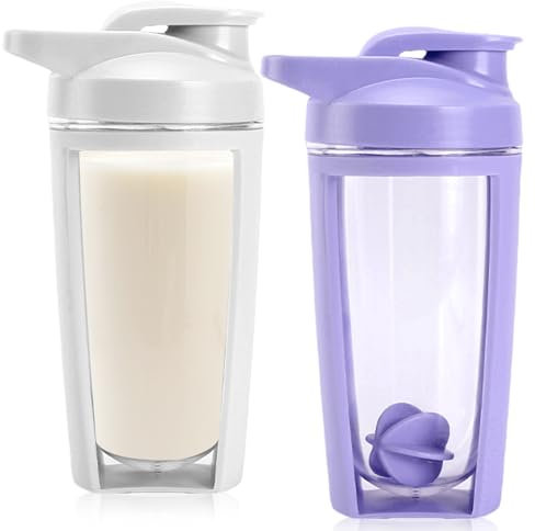 Lot de 2 shakers de protéines, 600 ml, avec boule mélangeuse, double couche, avec graduation, sans BPA, anti-fuite, pour régime protéiné et milk-shakes de fitness, violet et blanc