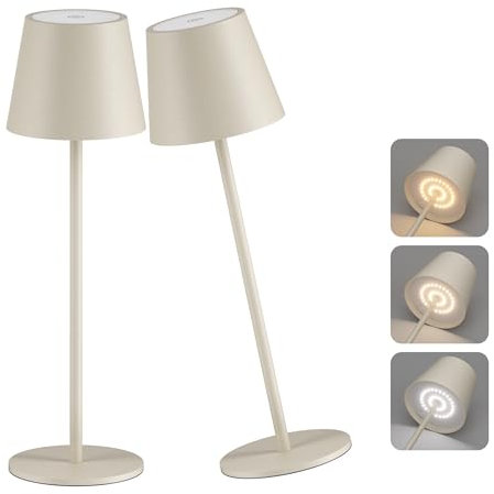 Aipsun Dimmbare led akku tischleuchte beige mit 6000mAh, Wiederaufladbar Warmweiß(2700k-6000k) Aluminium Outdoor Tischlampe IP54 wasserdicht für Restaurant, Schlafzimmer, Bar, Camping | 2er Set