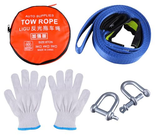 TIOMIOSEA Abschleppseil Auto für PKW & SUV - 5M Tow Rope Heavy Duty Kit mit Aufbewahrungstasche, Verstärkten Schäkel Haken & Rutsch Handschuhe, 8 Tonnen Bruchfestigkeit Für Off-Road Recovery Notfall