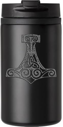 Mjolnir Hammer Of Thor Nordisches Symbol Kaffeetasse Reisebecher für Heiß- & Kaltgetränke Doppelwandiger Thermobecher mit Auslaufsicherem Deckel Schwarz