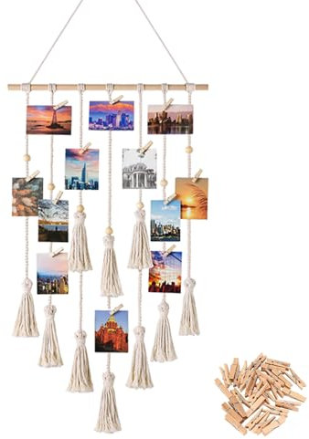 HUSOUE Corda per foto con 30 clip, bohémien, 108 x 43 cm, foto da appendere, macramè, per decorazione da parete, per cartoline, da parete