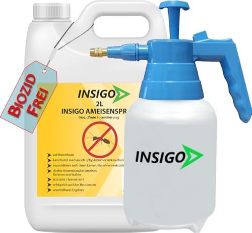 INSIGO Ameisen Abwehrspray 2L Kanister + 2L Drucksprüher - Ameisenmittel mit mechanischer Wirkung auf Ameisen - Effektiver Schutz für Haus & Garten - Ameisen Spray mit Sofortwirkung