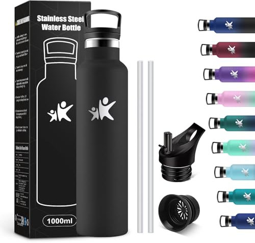 KollyKolla Drinking Bottle 1 Litre, Thermos Bottle with Straw, Leak-Proof Water Bottle, Suitable for Carbonated Drinks, BPA-Free, Insulated Flask, Double-Walled, Water Bottle for Travel, Camping, Fizz